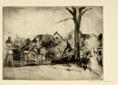 Paisagem com árvore alta e casas de Henry Nielsen