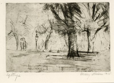 Parque com dois caminhantes e lâmpada de Henry Nielsen