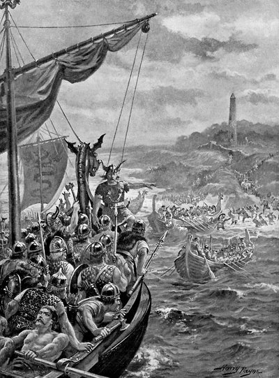 Um ataque dos dinamarqueses à Irlanda, século IX dC, c1920. de Henry Payne