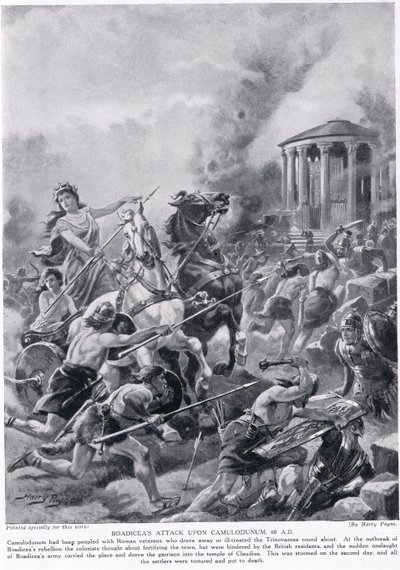 O ataque de Boadicea a Camulodunum, ilustração da "História das Nações de Hutchinson", c.1910 de Henry Payne