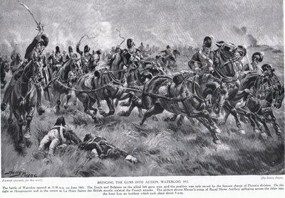 Colocando as armas em ação, Waterloo, ilustração da &39;Hutchinson&39;s Story of the British Nation&39; de Henry Payne