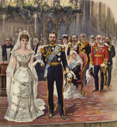O casamento do Duque da Cornualha e York com a Princesa Maria, Capela Real, Palácio de St. James, Londres, 6 de julho de 1893 (cromolito) de Henry Payne