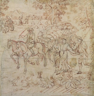 Paisagem com colheitadeiras voltando para casa, c.1595-1605 (caneta e tinta marrom no papel) de Henry Peacham