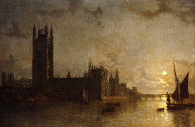 Abadia de Westminster, As Casas do Parlamento com a Construção da Ponte de Westminster, 1859 de Henry Pether