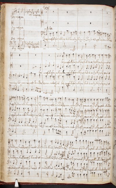A partitura de autógrafo de Purcell "Regozijar sempre no Senhor", R.M.20.h.8, f.38v, c.1680-90 (caneta e tinta sobre papel) de Henry Purcell