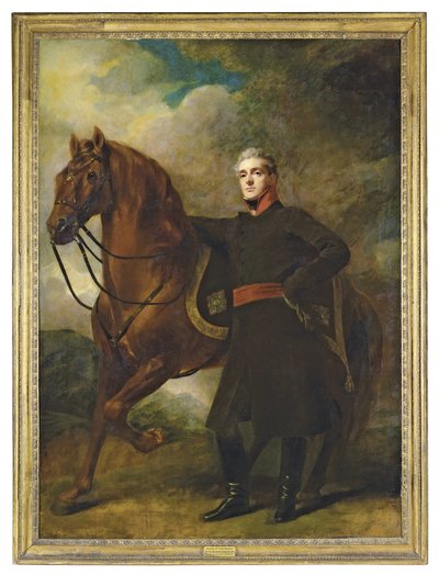 Retrato de Alexander Douglas-Hamilton, 10º Duque de Hamilton e 7º Duque de Brandon, de corpo inteiro, de uniforme, com seu carregador árabe, em uma paisagem de Henry Raeburn