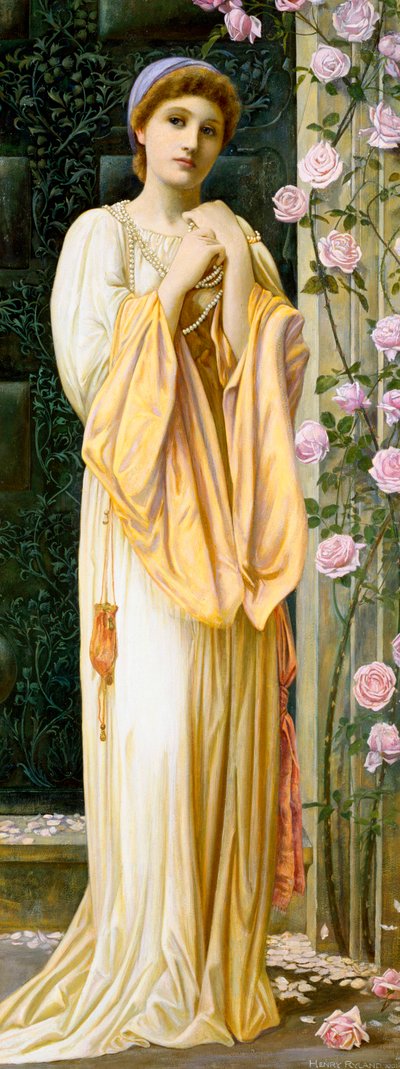 "A Fair Maid" Jovem mulher vestida em estilo antigo, com colar de pérolas. Pintura de Henry Ryland (1856-1924) (pré-rafaelita) 1901 Coleção particular de Henry Ryland