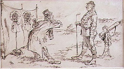 O jogador de golfe que está sendo perturbado pelo vendedor, ilustração à revista gráfica, bar. c, 1870 de Henry Sandercock