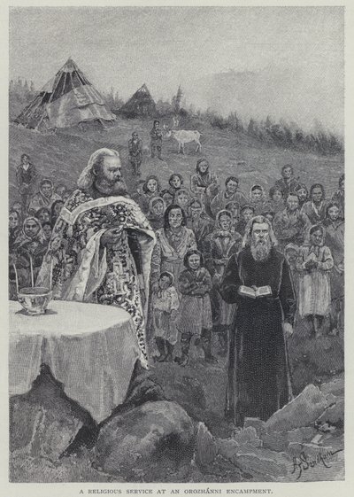 Um serviço religioso em um acampamento de Orozhanni (litho) de Henry Sandham