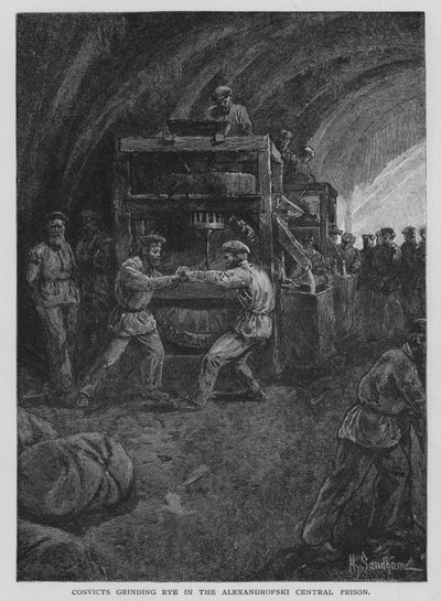 Condenado a moer centeio na Prisão Central de Alexandrofski (litho) de Henry Sandham