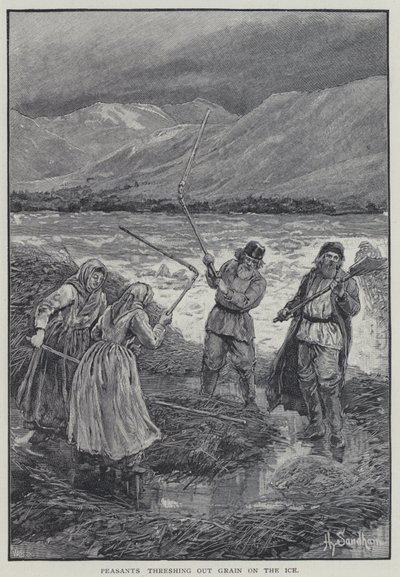 Camponeses debulhando os grãos no gelo (litho) de Henry Sandham