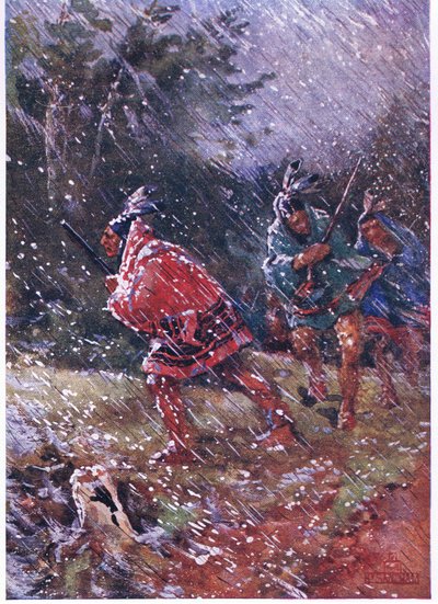 Índios vermelhos caçando em uma tempestade de neve de Henry Sandham
