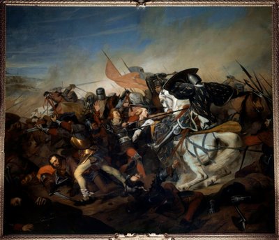 Vista da Batalha de Kassel em 23/08/1328, vitória de Filipe VI de Valois sobre o exército flamengo Pintura de Henry Scheffer (1798-1862) 1837 Sol. 4,65x5,43 m versailles, museu do castelo de Henry Scheffer