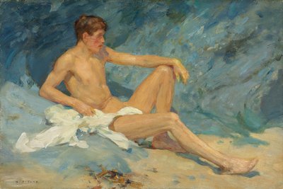 Um nu masculino reclinado nas rochas de Henry Scott Tuke