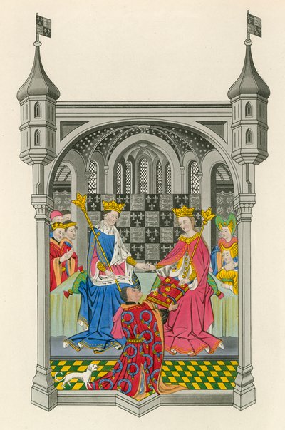 John Talbot, Conde de Shrewsbury, apresentando seu livro à Rainha Margarida, ilustração de "Vestidos e Decorações" de Henry G. Bohn de Henry Shaw