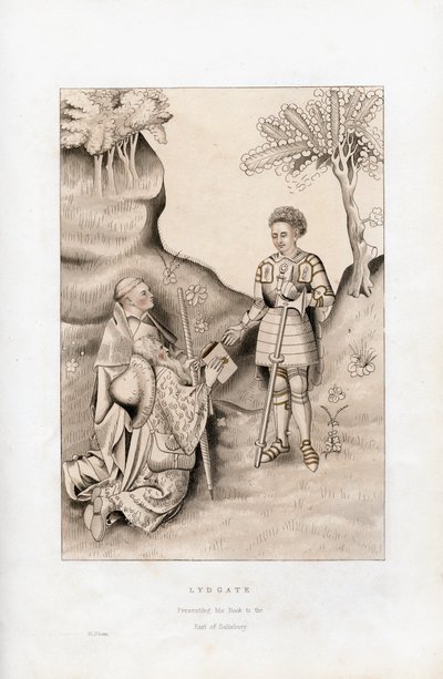Lydgate apresentando seu livro ao conde de Salisbury, 1426, 1843. de Henry Shaw