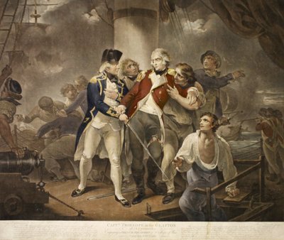 Capitão Trollope no Glatton de 54 Carronades Envolvendo um esquadrão francês de 8 navios de guerra carregando 230 armas, gravadas por James Daniell, 1797 (mezzotint) de Henry Singleton
