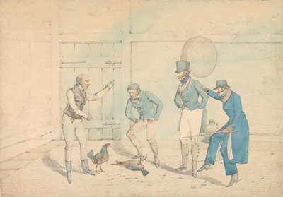 Uma luta de galos observada por quatro homens numa dependência: A morte, gravada como estampa 40 em «The National Sports of Great Britain» de Henry Thomas Alken