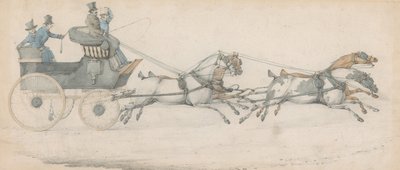Um cavalheiro conduz uma parelha de quatro diante de um faetonte postal, acompanhado por três moços de estrebaria de Henry Thomas Alken