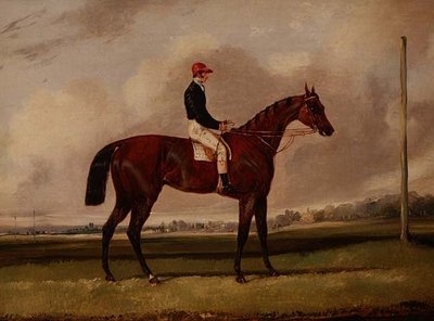 Bay Racehorse com um Jockey em um hipódromo de Henry Thomas Alken