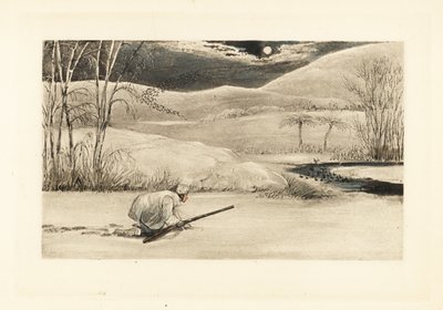 Cavalheiro inglês rastejando na margem congelada de um rio para caçar patos. de Henry Thomas Alken