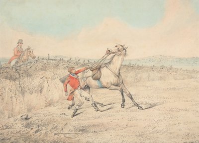 Cavaleiro agarrado a um cavalo cinzento após uma queda de Henry Thomas Alken