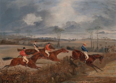 Cenas de uma corrida de obstáculos: Tomando um Hedge, ca. 1845. de Henry Thomas Alken