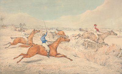 Corrida de obstáculos: quatro cavaleiros a saltar uma vala e um oxer de Henry Thomas Alken