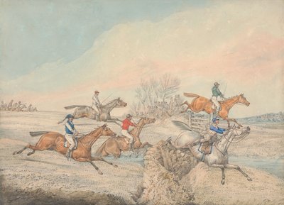 Corrida de obstáculos: o pelotão transpõe um muro de pedra e um portão de Henry Thomas Alken