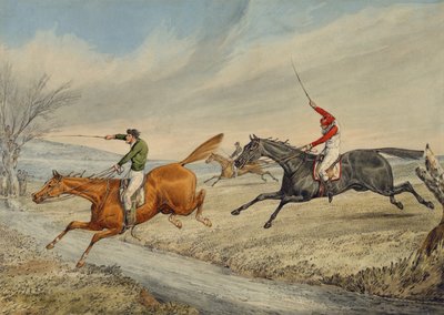 Steeplechasing: Três pilotos tomando um Brook (lápis e wc no papel) de Henry Thomas Alken