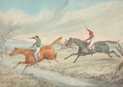 Corrida de obstáculos: Três cavaleiros a transpor um ribeiro de Henry Thomas Alken