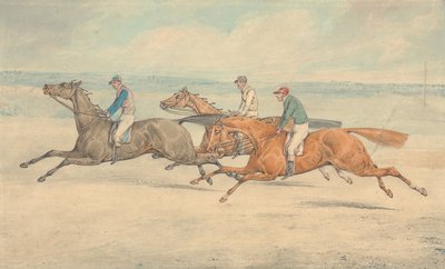 Três cavalos de corrida com jóqueis a galopar em grupo para a esquerda de Henry Thomas Alken