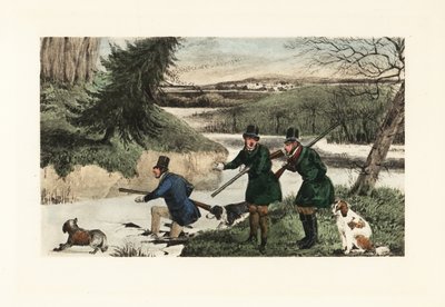Cavalheiros vitorianos a caçar patos com armas e cães num congelado de Henry Thomas Alken