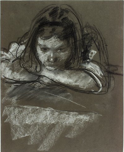 Cabeça e ombros de uma menina em uma mesa (giz no papel) de Henry Tonks