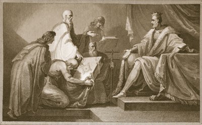 Doomsday Book apresentado a William I, gravado por J. Fittler, ilustração de David Hume "The History of England", pub. por R. Bowyer, Londres, 1812 de Henry Tresham