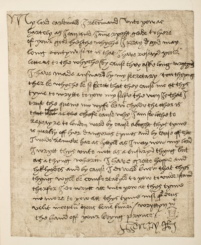 Fac-símile de uma carta de Henrique VIII para o Cardeal Wolsey, datada de julho de 1518, pub. 1902 (collotype) de Henry VIII