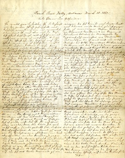 Carta assinada por Henry [Henry Voelkner], Brush Creek Valley, Arkansas, aos seus pais, irmãos e irmãs, 18 de março de 1862 de Henry Voelkner
