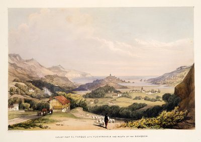 Carlist Fort, El Parque, com Fontarabia e boca do Bidassoa, de esboços de cenário nas províncias bascas da Espanha, com uma seleção de música nacional, Pub. 1838 (gravura colorida à mão) de Henry Wilkinson