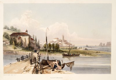 Fontarabia, com o convento e Ponte de Capauchinos, de Esboços de paisagem nas províncias bascas de Espanha, com uma seleção de música nacional, Bar. 1838 (gravura colorida à mão) de Henry Wilkinson