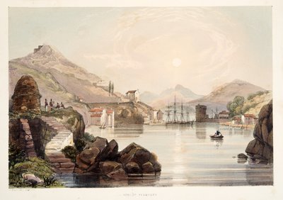 Port of Passages, a partir de Esboços de paisagem nas províncias bascas da Espanha, com uma seleção de música nacional, Pub. 1838 (gravura colorida à mão) de Henry Wilkinson