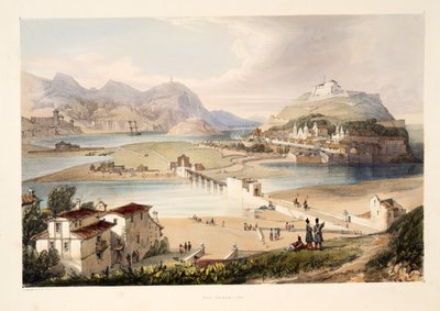 San Sebastian, a partir de Esboços de paisagem nas províncias bascas da Espanha, com uma seleção de música nacional, Pub. 1838 (gravura colorida à mão) de Henry Wilkinson