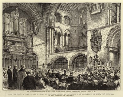 SAR, Príncipe de Gales, na reabertura do transepto norte da Igreja de São Bartolomeu, o Grande, em West Smithfield, pelo arcebispo de Canterbury de Henry William Brewer