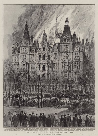 O incêndio no Hyde Park Court, Albert Gate de Henry William Brewer