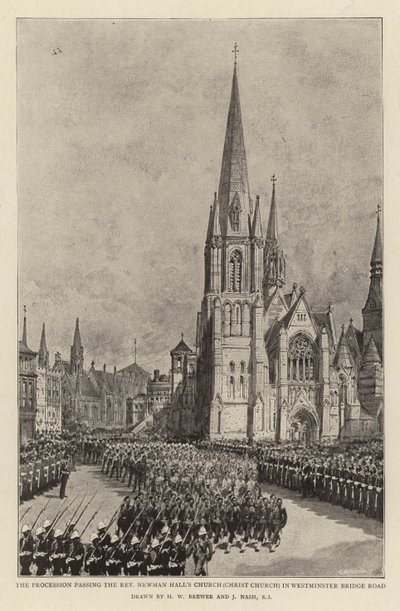 A procissão passando a Igreja do Reverendo Newman Hall (Igreja de Cristo) em Westminster Bridge Road de Henry William Brewer