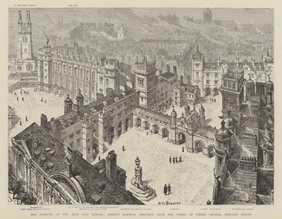 A remoção da The Blue Coat School, Hospital de Cristo, esboçada a partir da Torre da Igreja de Cristo, Newgate Street de Henry William Brewer