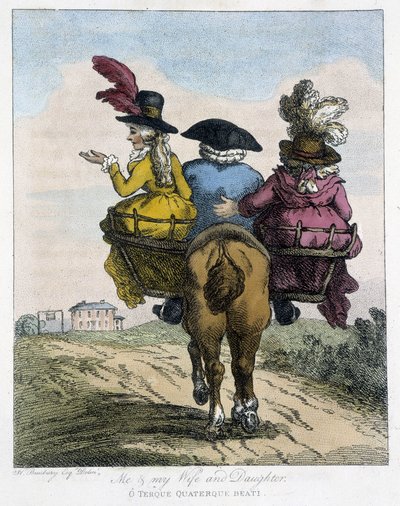 Eu com a minha mulher e filha - em "English Cartoons on the Manners of Riding a Horse", doente. por H. W. Bunbury, ed. John Stockdale de Henry William Bunbury