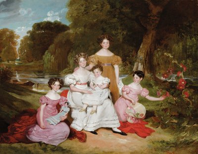 Retrato de grupo da família Ward Hunt numa paisagem diante de um rio de Henry Wyatt