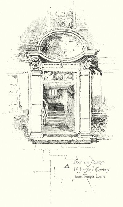 Porta e escadaria para o Dr. Johnsons Chambers, Inner Temple Lane, Londres (litho) de Herbert (after) Railton