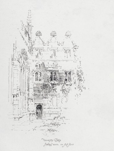 O quarto do poeta inglês Percy Bysshe Shelley no primeiro andar do University College, Oxford (litho) de Herbert (after) Railton