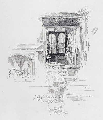 O poeta inglês Percy Bysshe Shelley na janela do University College, Oxford (litho) de Herbert (after) Railton